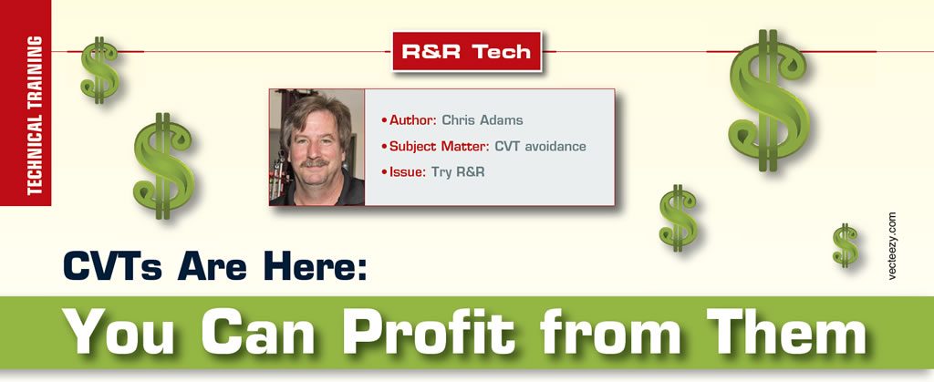 CVTs Are Here; You Can Profit from Them

R&R Tech

Author: Chris Adams
Subject Matter: CVT avoidance
Issue: Try R&R