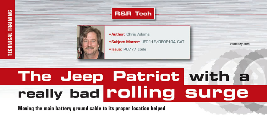 The Jeep Patriot with a really bad rolling surge

R&R Tech

Author: Chris Adams
Subject Matter: JF011E/RE0F10A CVT 
Issue: P0777 code