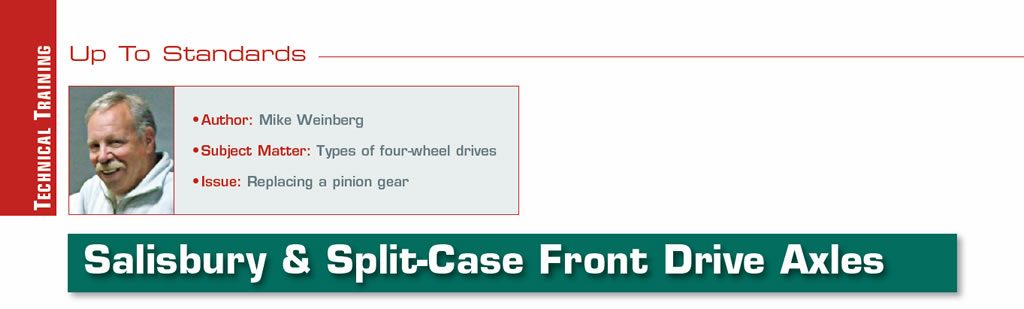 Up To Standards

Author: Mike Weinberg
Subject Matter: Types of four-wheel drives
Issue: Replacing a pinion gear

Salisbury & Split-Case Front Drive Axles