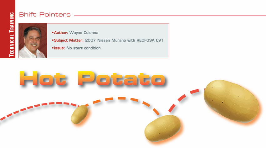 Hot Potato

Shift Pointers

Author: Wayne Colonna
Subject Matter: 2007 Nissan Murano with RE0F09A CVT
Issue: No start condition