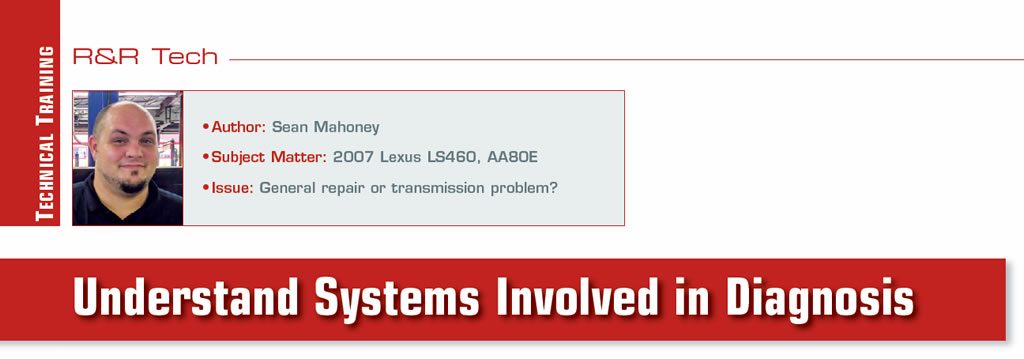 Understand Systems Involved in Diagnosis

R&R Tech

Author: Sean Mahoney
Subject Matter: 2007 Lexus LS460, AA80E
Issue: General repair or transmission problem?