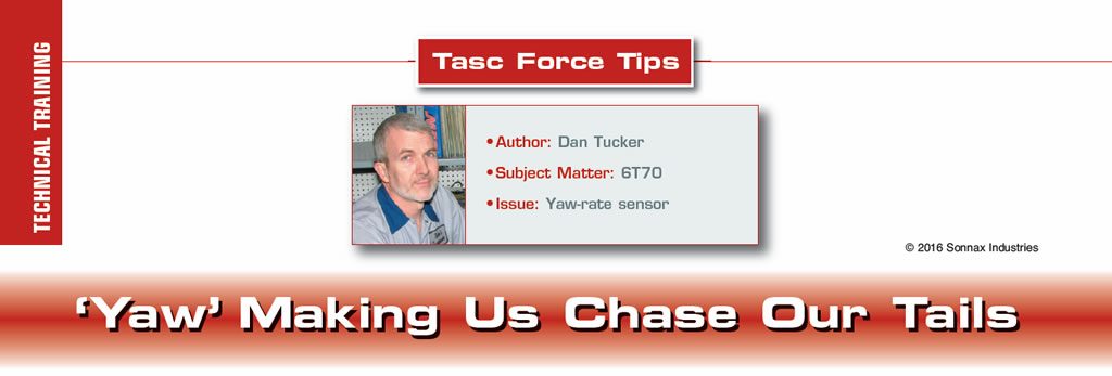 ‘Yaw’ Making Us Chase Our Tails

TASC Force Tips

Author: Dan Tucker
Subject Matter: 6T70
Issue: Yaw-rate sensor