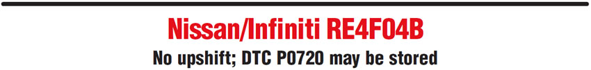 Nissan/Infiniti RE4F04B
No upshift; DTC P0720 may be stored