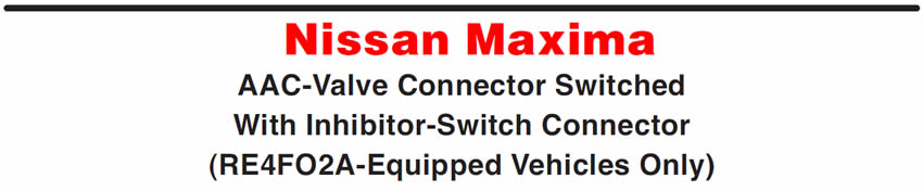 Nissan Maxima
AAC-Valve Connector Switched With Inhibitor-Switch Connector (RE4FO2A-Equipped Vehicles Only)