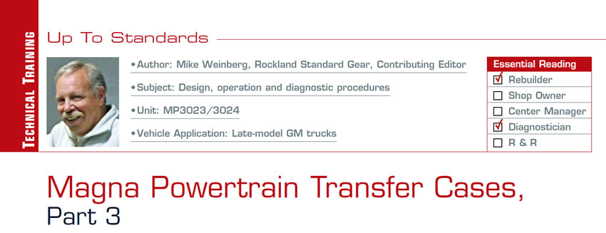 Magna Powertrain Transfer Cases, Part 3

Up to Standards

Subject: Design, operation and diagnostic procedures
Unit: MP3023/3024
Vehicle Application: Late-model GM trucks
Essential Reading: Rebuilder, Diagnostician
Author: Mike Weinberg, Rockland Standard Gear, Contributing Editor.