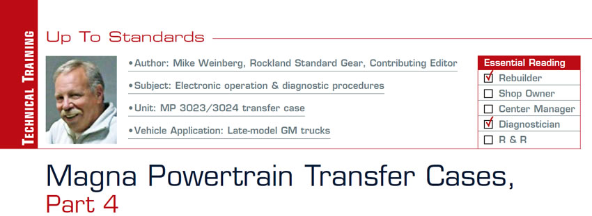 Magna Powertrain Transfer Cases, Part 4

Up to Standards

Subject: Electronic operation & diagnostic procedures
Unit: MP 3023/3024 transfer case
Vehicle Application: Late-model GM trucks
Essential Reading: Rebuilder, Diagnostician
Author: Mike Weinberg, Rockland Standard Gear, Contributing Editor