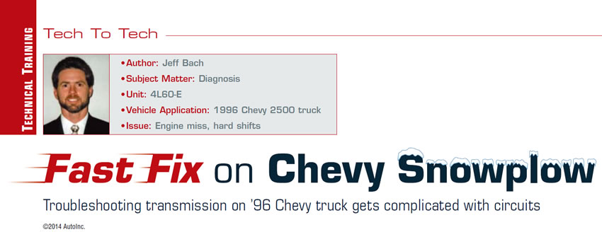 Fast Fix on Chevy Snowplow

Tech to Tech

Author: Jeff Bach
Subject Matter: Diagnosis
Unit: 4L60-E
Vehicle Application: 1996 Chevy 2500 truck
Issues: Engine miss, hard shifts