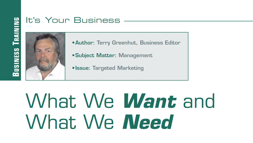 What We Want and What We Need

It’s Your Business

Author: Terry Greenhut, Business Editor
Subject Matter: Management
Issue:	Targeted Marketing