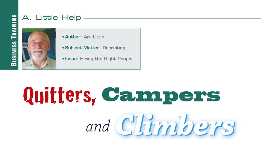 Quitters, Campers and Climbers

A Little Help

Author: Art Little
Subject Matter: Recruiting
Issue: Hiring the Right People