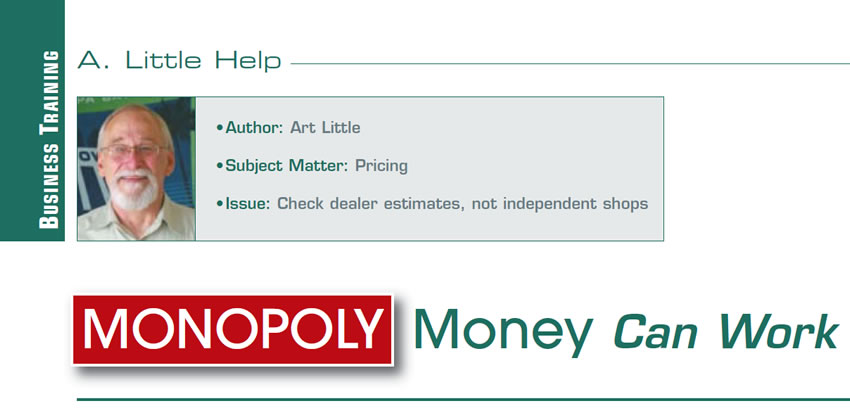 Monopoly Money Can Work

A Little Help

Author: Art Little
Subject matter: Pricing
Issue: Check dealer estimates, not independent shops