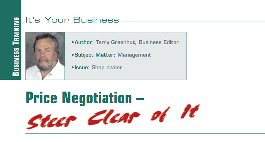 Price Negotiation – Steer Clear of It

It's Your Business

Author: Terry Greenhut, Business Editor
Subject Matter: Price objections
Issue: Don’t negotiate