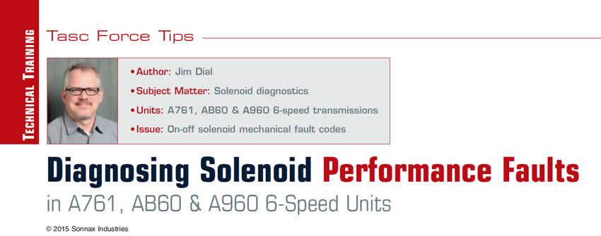 Diagnosing Solenoid Performance Faults in A761, AB60 & A960 6-Speed Units

TASC Force Tips

Author: Jim Dial
Subject Matter: Solenoid diagnostics
Units: A761, AB60 & A960 6-speed transmissions
Issue: On-off solenoid mechanical fault codes
