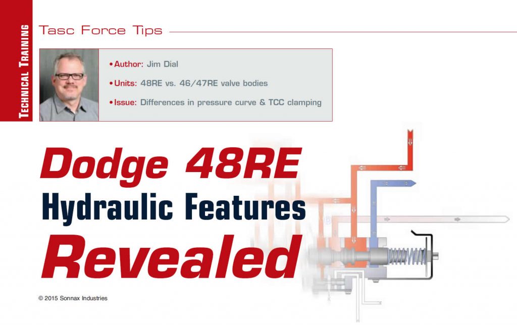 Dodge 48RE Hydraulic Features Revealed

TASC Force Tips

Author: Jim Dial
Units: 48RE vs. 46/47RE valve bodies
Issue: Differences in pressure curve & TCC clamping