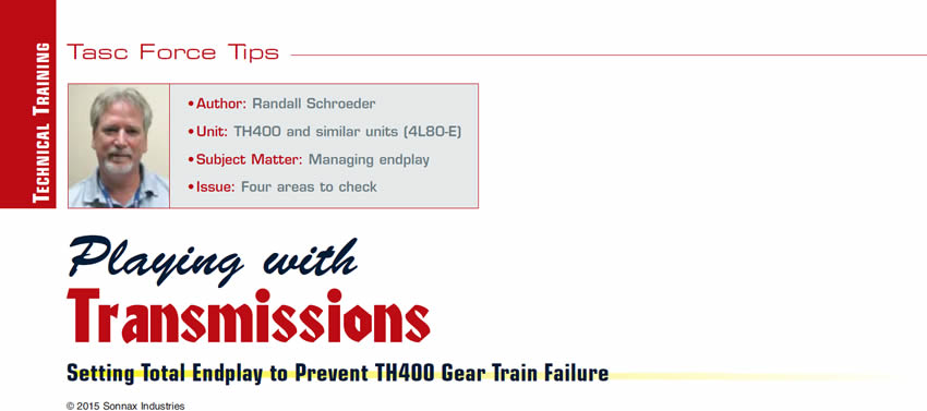 Playing with Transmissions

Tasc Force Tips

Author: Randall Schroeder
Unit: TH400 and similar units (4L80-E)
Subject Matter: Managing endplay
Issue: Four areas to check

Setting Total Endplay to Prevent TH400 Gear Train Failure