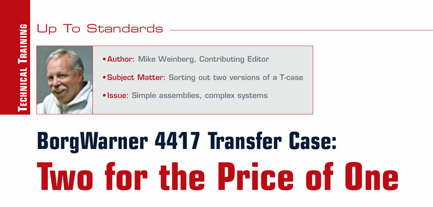 BorgWarner 4417 Transfer Case: 2 for the Price of One

Up To Standards

Author: Mike Weinberg
Subject Matter: Sorting out two versions of a T-case
Issue: Simple assemblies, complex systems