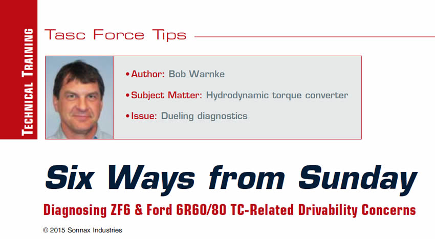 Six Ways from Sunday: Diagnosing ZF6 & Ford 6R60/80 TC-Related Drivability Concerns

TASC Force Tips

Author: Bob Warnke
Subject Matter: Hydrodynamic torque converter
Issue: Dueling diagnostics