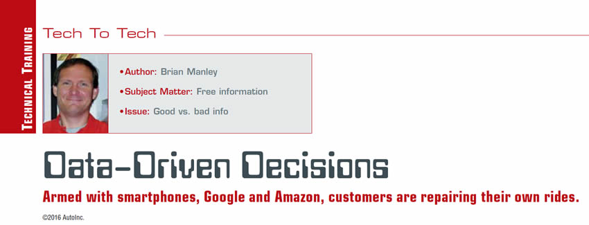 Data-Driven Decisions

Author: Brian Manley
Subject Matter: Free information
Issue: Good vs. bad info

Armed with smartphones, Google and Amazon, customers are repairing their own rides. ©2016 AutoInc.

