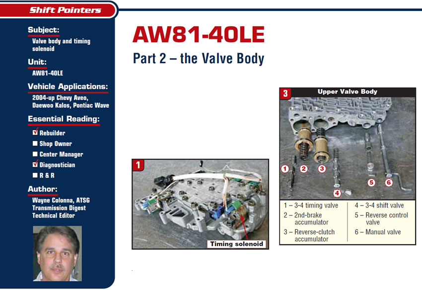 AW81-40LE

Shift Pointers

Subject: Valve body and timing solenoid
Unit: AW81-40LE
Vehicle Application: 2004-up Chevy Aveo
Essential Reading: Rebuilder, Diagnostician
Author: Wayne Colonna, ATSG, Transmission Digest Technical Editor

Part 2 – the Valve Body