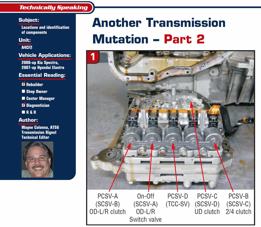 Another Transmission Mutation – Part 2

Technically Speaking

Subject: Locations and identification of components
Unit: A4CF2
Vehicle Applications: 2006-up Kia Spectra, 2007-up Hyundai Elantra
Essential Reading: Rebuilder, Diagnostician
Author: Wayne Colonna, ATSG, Transmission Digest Technical Editor