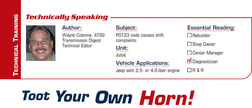 Toot Your Own Horn!

Technically Speaking

Subject: P0123 code causes shift complaints
Unit: AW4
Vehicle Applications: Jeep with 2.5- or 4.0-liter engine
Essential Reading: Diagnostician
Author: Wayne Colonna, ATSG, Transmission Digest Technical Editor