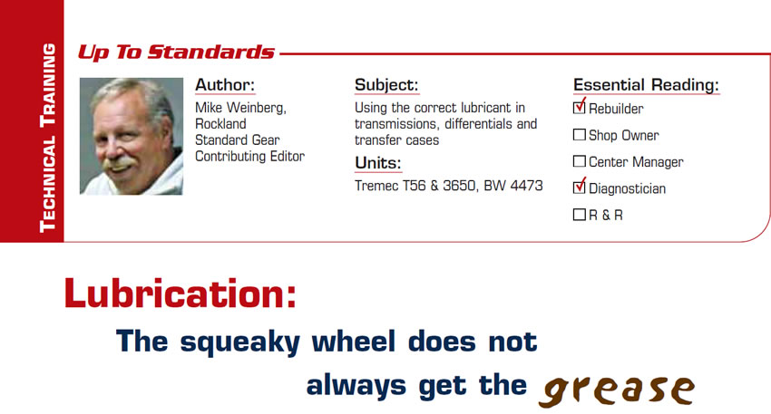 Lubrication

Up to Standards

Subject: Using the correct lubricant in transmissions, differentials and transfer cases
Units: Tremec T56, BW 4473
Essential Reading: Rebuilder, Diagnostician
Author: Mike Weinberg, Rockland Standard Gear Contributing Editor

The squeaky wheel does not always get the grease