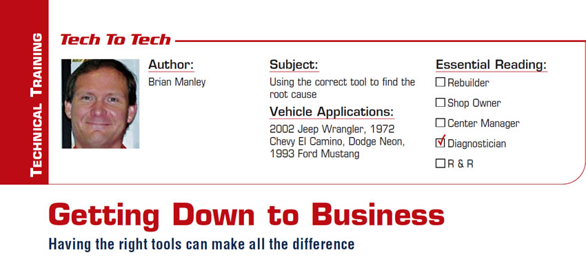 Getting Down to Business

Tech to Tech

Subject: Using the correct tool to find the root cause
Vehicle Applications: 2002 Jeep Wrangler, 1972 Chevy El Camino, Dodge Neon, 1993 Ford Mustang
Essential Reading: Diagnostician
Author: Brian Manley

Having the right tools can make all the difference