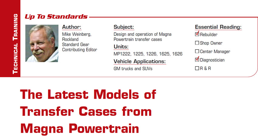 The Latest Models of Transfer Cases from Magna Powertrain

Up To Standards

Subject: Design and operation of Magna Powertrain transfer cases
Units: MP1222, 1225, 1226, 1625, 1626
Vehicle Applications: GM trucks and SUVs
Essential Reading: Rebuilder, Diagnostician
Author: Mike Weinberg, Rockland Standard Gear, Contributing Editor