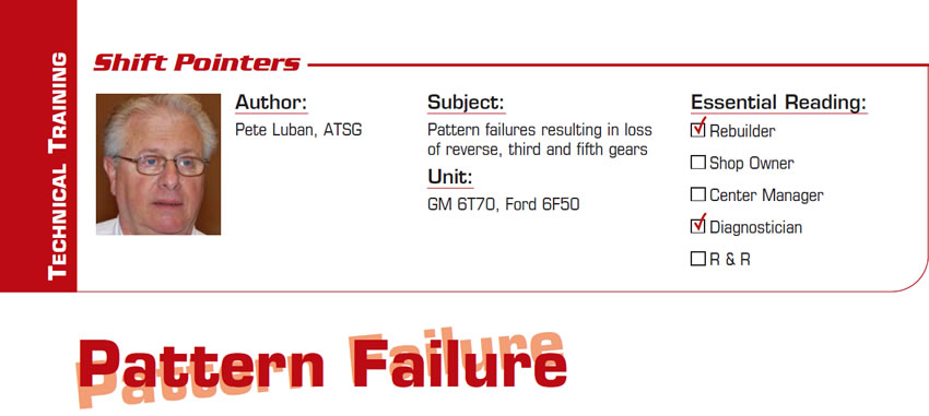 Pattern Failure

Shift Pointers

Subject: Pattern failures resulting in loss of reverse, third and fifth gears
Unit: GM 6T70, Ford 6F50
Essential Reading: Rebuilder, Diagnostician
Author: Pete Luban, ATSG