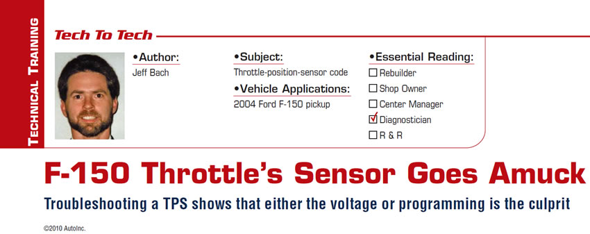 F-150 Throttle's Sensor Goes Amuck

Tech to Tech

Subject: Throttle-position-sensor code
Vehicle Application: 2004 Ford F-150 pickup
Essential Reading: Diagnostician
Author: Jeff Bach

Troubleshooting a TPS shows that either the voltage or programming is the culprit