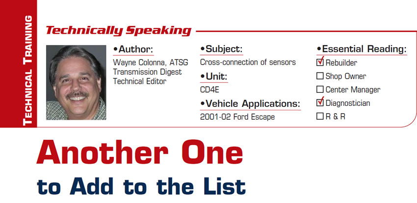 Another One to Add to the List

Technically Speaking

Subject: Cross-connection of sensors
Unit: CD4E
Vehicle Application: 2001-02 Ford Escape
Essential Reading: Rebuilder, Diagnostician
Author: Wayne Colonna, ATSG, Transmission Digest Technical Editor