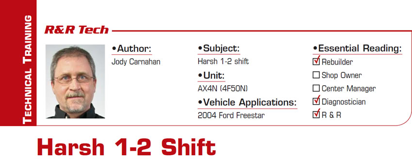 Harsh 1-2 Shift

R&R Tech

Subject: Harsh 1-2 shift
Unit: AX4N (4F50N)
Vehicle Application: 2004 Ford Freestar
Essential Reading: Rebuilder, Diagnostician, R & R
Author: Jody Carnahan
