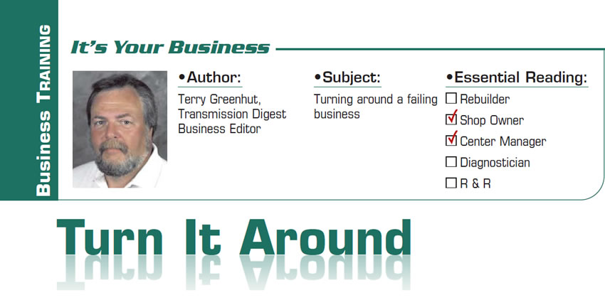 Turn It Around

It’s Your Business

Subject: Turning around a failing business
Essential Reading: Shop Owner, Center Manager
Author: Terry Greenhut, Transmission Digest Business Editor