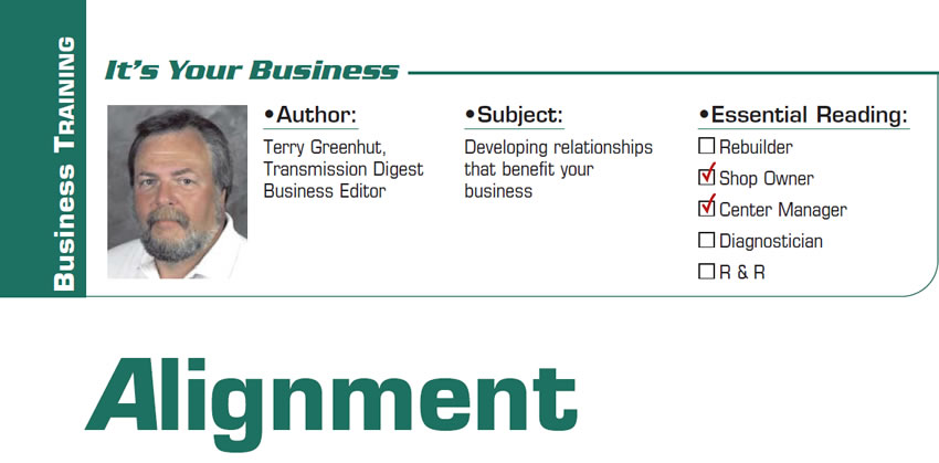 Alignment

It’s Your Business

Subject: Developing relationships that benefit your business
Essential Reading: Shop Owner, Center Manager
Author: Terry Greenhut, Transmission Digest Business Editor