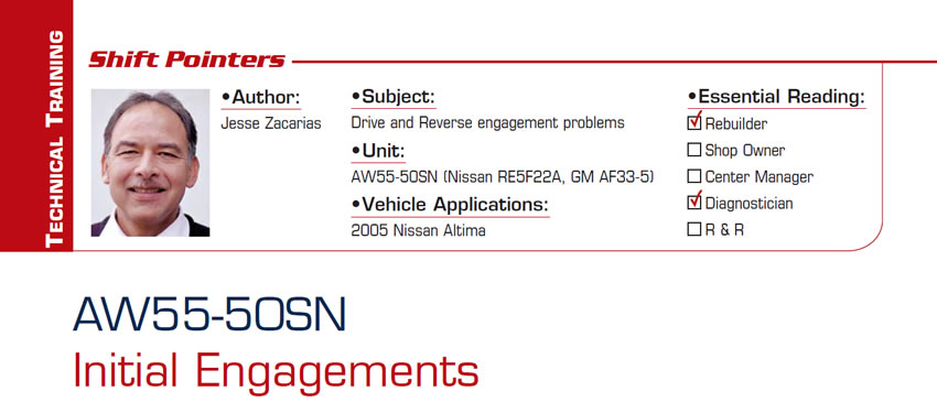 AW55-50SN Initial Engagements

Shift Pointers

Subject: Drive and Reverse engagement problems
Unit: AW55-50SN (Nissan RE5F22A, GM AF33-5)
Vehicle Application: 2005 Nissan Altima
Essential Reading: Rebuilder, Diagnostician
Author: Jesse Zacarias