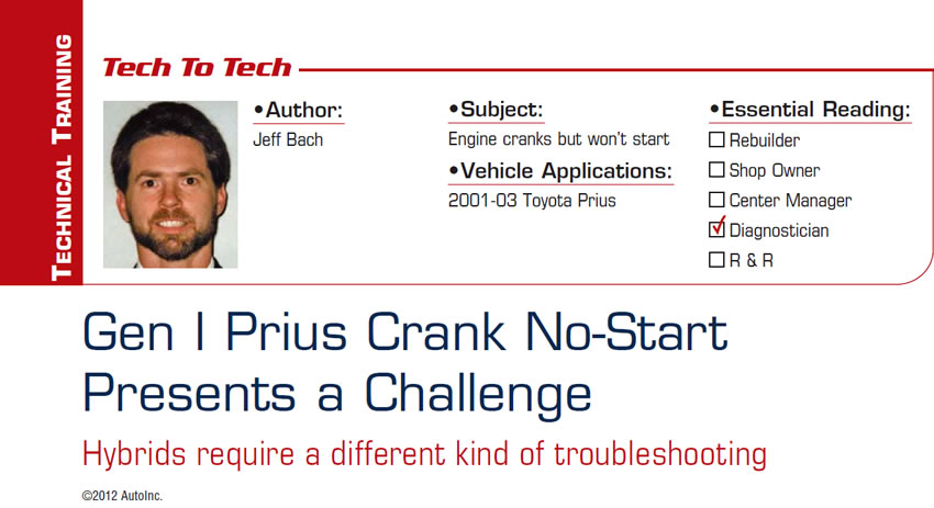 Gen I Prius Crank No-Start Presents a Challenge

Tech to Tech

Subject: Engine cranks but won’t start
Vehicle Application: 2001-03 Toyota Prius
Essential Reading: Diagnostician
Author: Jeff Bach

Hybrids require a different kind of troubleshooting