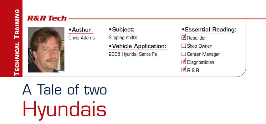 A Tale of two Hyundais

R&R Tech

Subject: Slipping shifts
Vehicle Application: 2005 Hyundai Santa Fe
Essential Reading: Rebuilder, Diagnostician, R & R
Author: Chris Adams