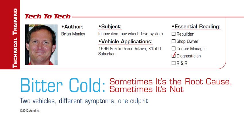 Bitter Cold: Sometimes It’s the Root Cause, Sometimes It’s Not

Tech to Tech

Subject: Inoperative four-wheel-drive system
Vehicle Applications: 1999 Suzuki Grand Vitara, K1500 Suburban
Essential Reading: Diagnostician
Author: Brian Manley

Two vehicles, different symptoms, one culprit