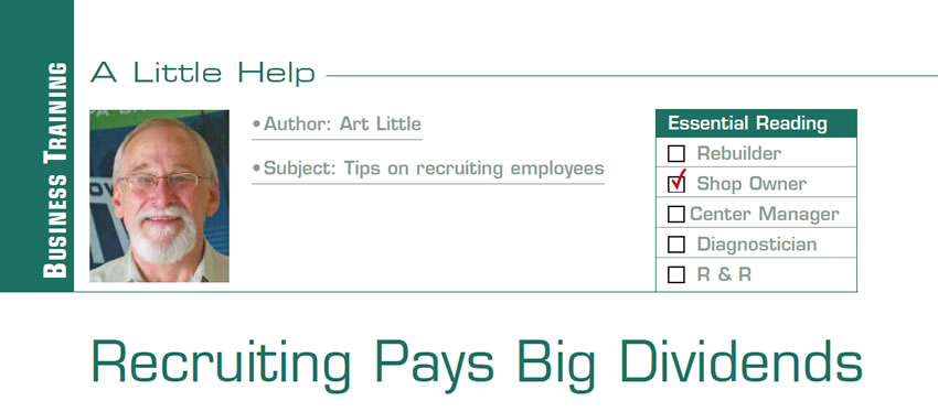 Recruiting Pays Big Dividends

A Little Help

Subject: Tips on recruiting employees
Essential Reading: Shop Owner
Author: Art Little