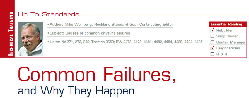 Common Failures, and Why They Happen

Up to Standards

Subject: Causes of common driveline failures
Units: NV 271, 273, 246; Tremec 3650; BW 4473, 4476, 4481, 4482, 4484, 4486, 4494, 4495
Essential Reading: Rebuilder, Diagnostician
Author: Mike Weinberg, Rockland Standard Gear, Contributing Editor