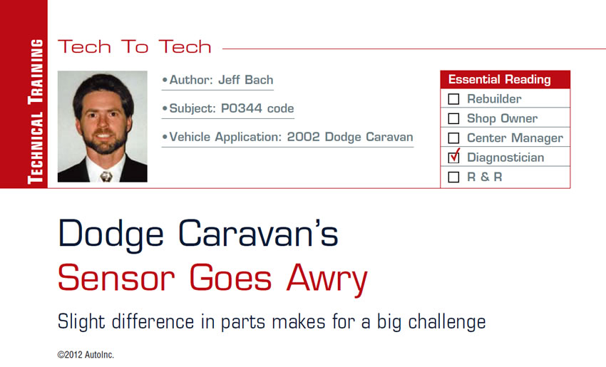 Dodge Caravan’s Sensor Goes Awry

Tech to Tech

Subject: P0344 code
Vehicle Application: 2002 Dodge Caravan
Essential Reading: Diagnostician
Author: Jeff Bach

Slight difference in parts makes for a big challenge