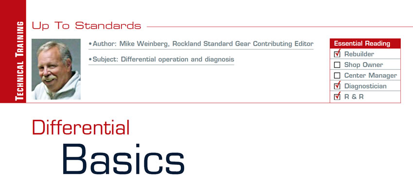 Differential Basics

Up to Standards

Subject: Differential operation and diagnosis
Essential Reading: Rebuilder, Diagnostician, R & R
Author: Mike Weinberg, Rockland Standard Gear, Contributing Editor