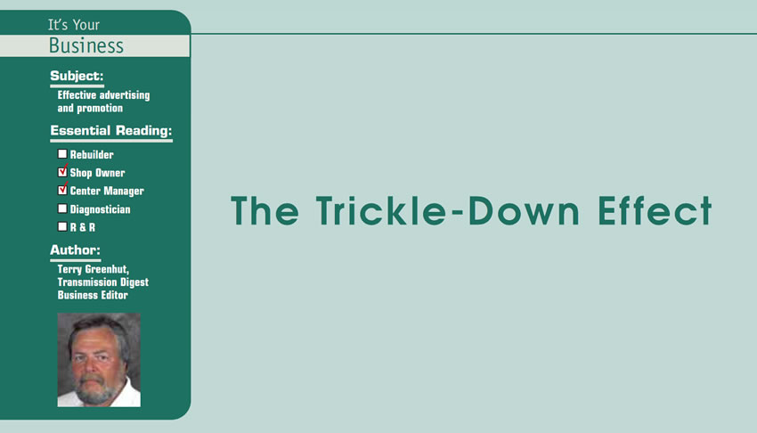 The Trickle-Down Effect 

It’s Your Business

Subject: Effective advertising and promotion
Essential Reading: Shop Owner, Center Manager
Author: Terry Greenhut, Transmission Digest Business Editor