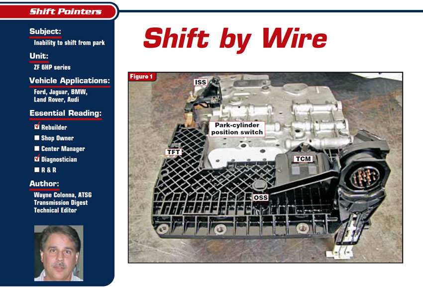Shift By Wire

Shift Pointers

Subject: Inability to shift from park
Unit: ZF 6HP series
Vehicle Applications: Ford, Jaguar, BMW, Land Rover, Audi
Essential Reading: Rebuilder, Diagnostician
Author: Wayne Colonna, ATSG, Transmission Digest Technical Editor