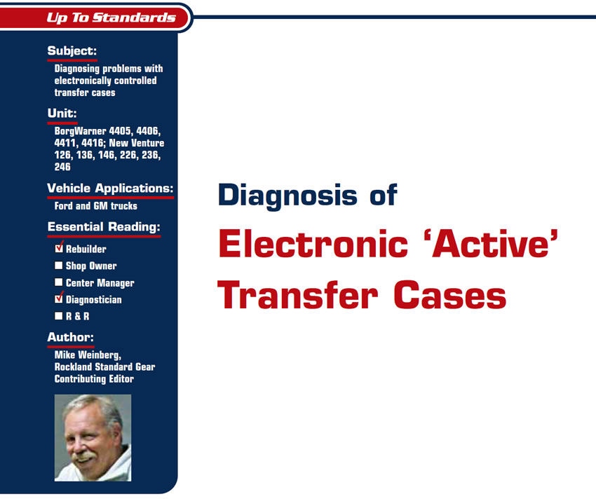 Diagnosis of Electronic ‘Active’ Transfer Cases

Up to Standards

Subject: Diagnosing problems with electronically controlled transfer cases
Units: BorgWarner 4405, 4406, 4411, 4416; New Venture 126, 136, 146, 226, 236, 246
Vehicle Applications: Ford and GM trucks
Essential Reading: Rebuilder, Diagnostician
Author: Mike Weinberg, Rockland Standard Gear, Contributing Editor